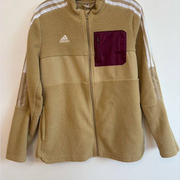Adidas Tan Fleece Jacket with Burgundy Pocket - Picture 2 of 5